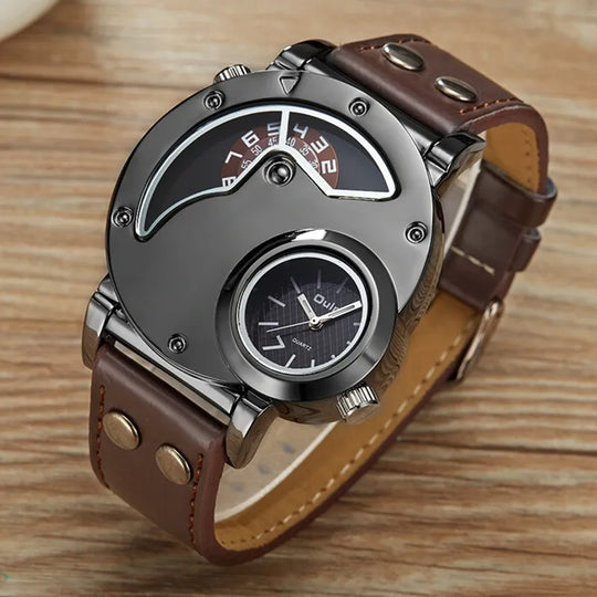 Men’s Dual Time Quartz Watch | 49 mm Case | Leather Strap | 3 ATM Water Resistant