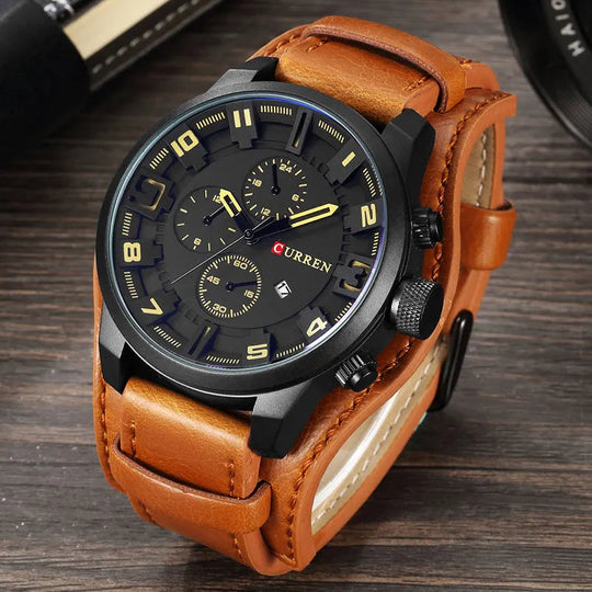 Men’s Military Sports Quartz Watch | 46 mm Case | Leather Strap | Date Display | 3 ATM