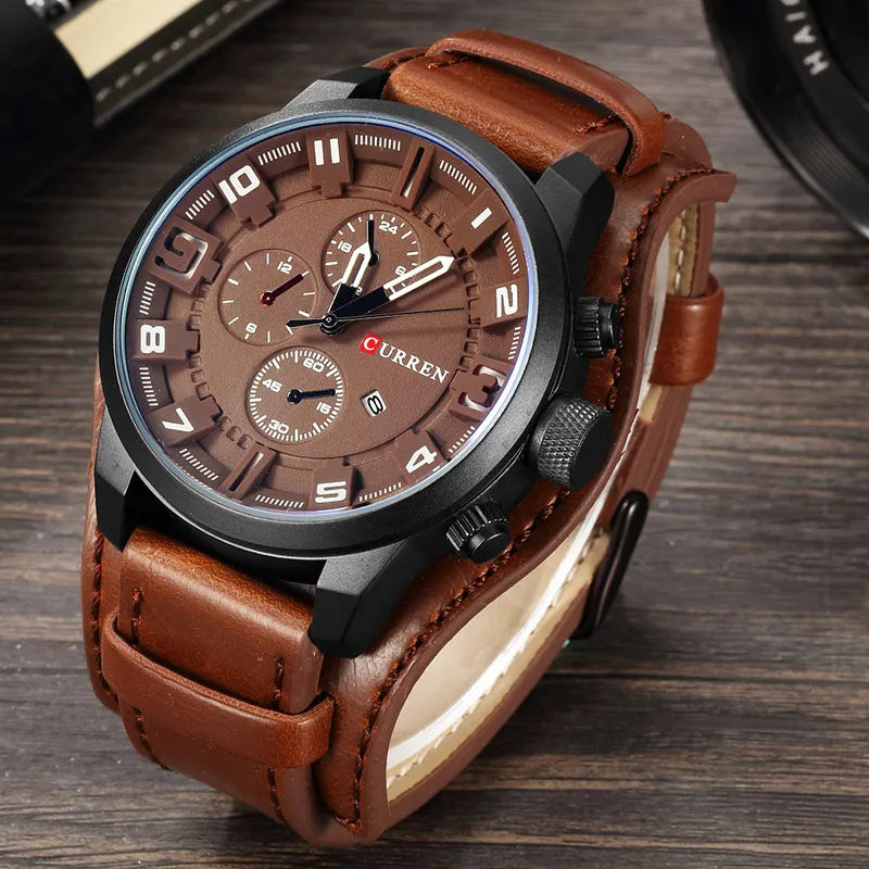 Men’s Military Sports Quartz Watch | 46 mm Case | Leather Strap | Date Display | 3 ATM