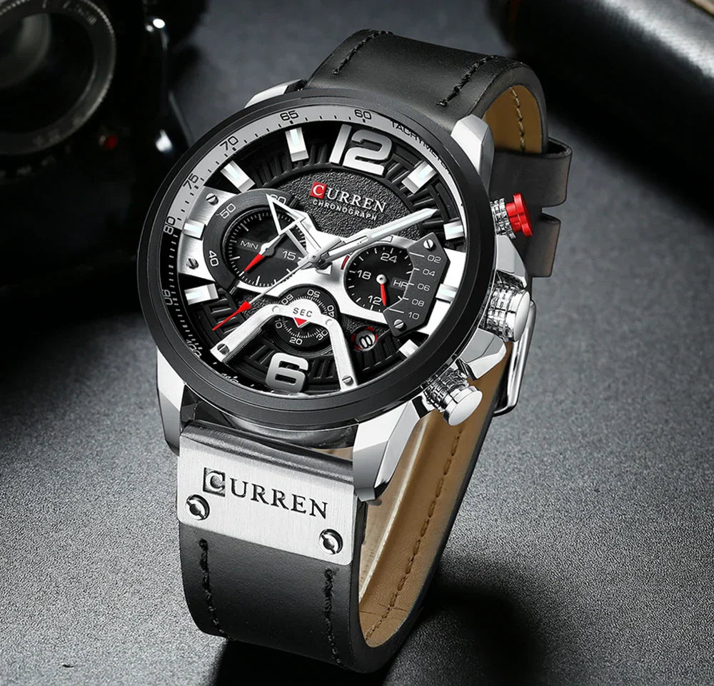 Men’s Chronograph-Style Sports Watch | 48 mm Oversize Case | Tachymeter Bezel | Multi-Function Subdials | Leather Strap