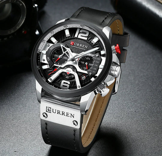Men’s Chronograph-Style Sports Watch | 48 mm Oversize Case | Tachymeter Bezel | Multi-Function Subdials | Leather Strap
