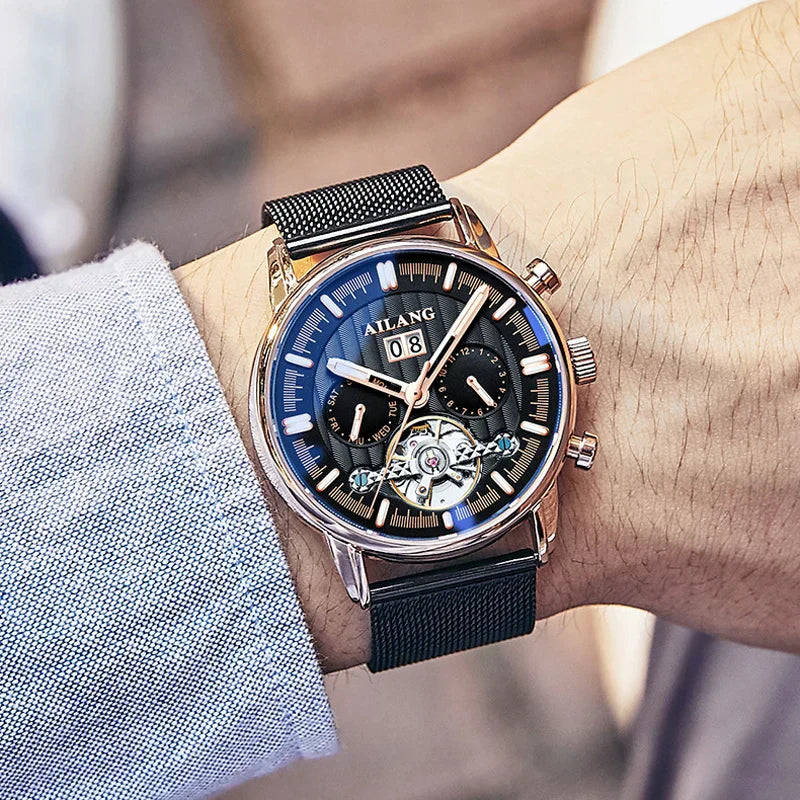 Men’s Tourbillon-Style Automatic Watch 41 mm | Day-Date Dual Subdial | Leather Strap | 3 ATM