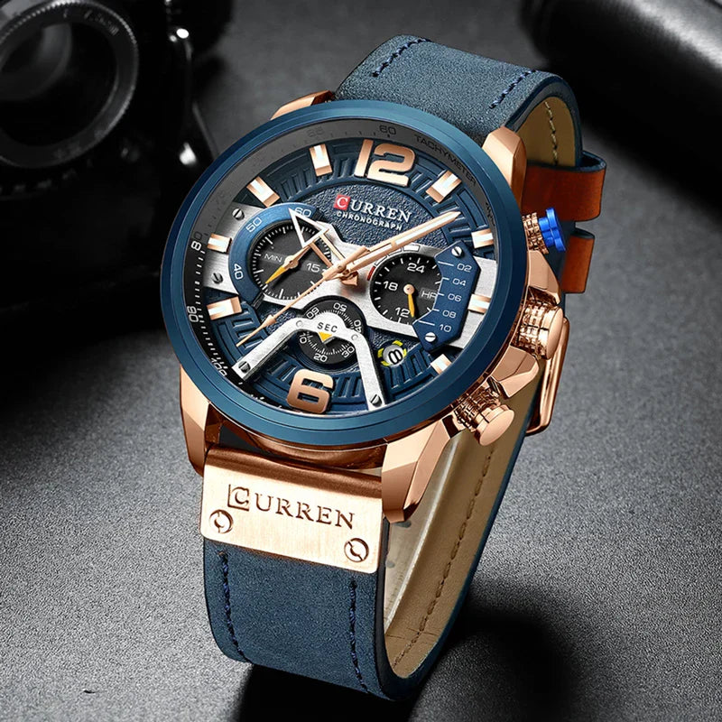 Men’s Chronograph-Style Sports Watch | 48 mm Oversize Case | Tachymeter Bezel | Multi-Function Subdials | Leather Strap
