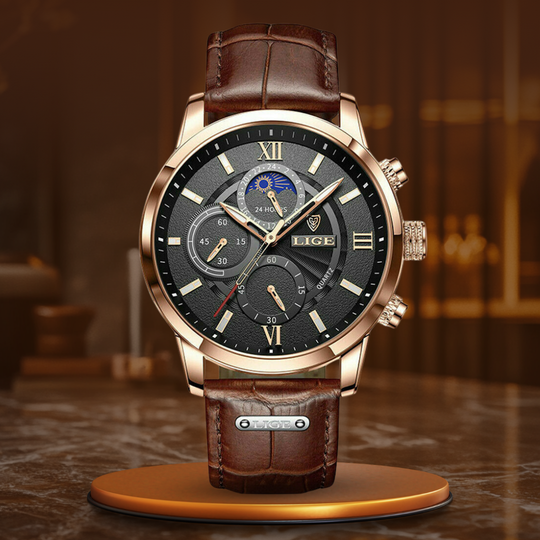 Men’s Moonphase Chronograph Watch | 43 mm Case | 3 ATM Water-Resistant | Leather Strap