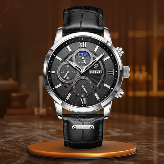 Men’s Moonphase Chronograph Watch | 43 mm Case | 3 ATM Water-Resistant | Leather Strap