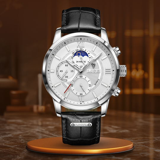 Men’s Moonphase Chronograph Watch | 43 mm Case | 3 ATM Water-Resistant | Leather Strap