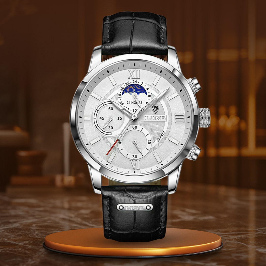 Men’s Moonphase Chronograph Watch | 43 mm Case | 3 ATM Water-Resistant | Leather Strap