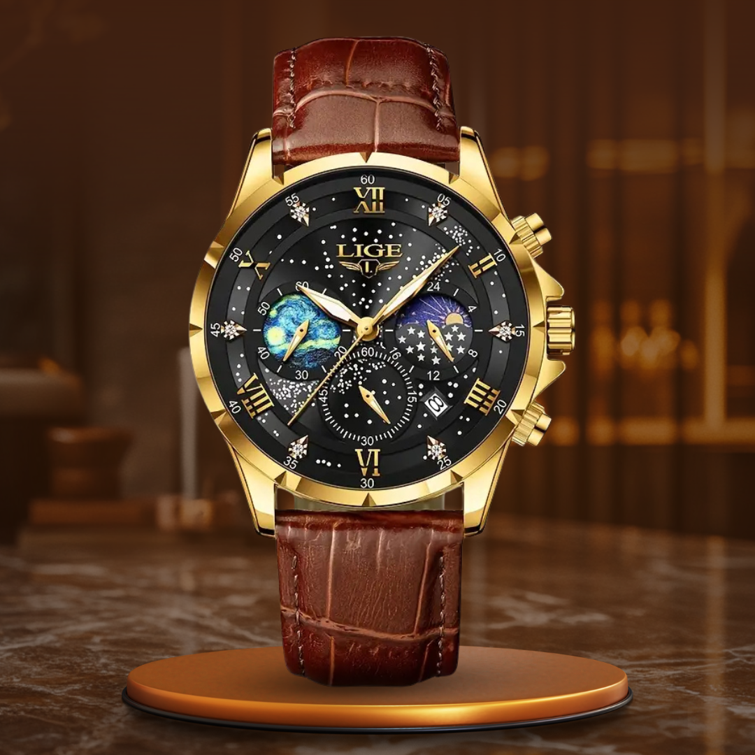 Men’s Moonphase Chronograph Watch | 42 mm Quartz | Leather Strap | Luminous | 3 ATM Water Resistant