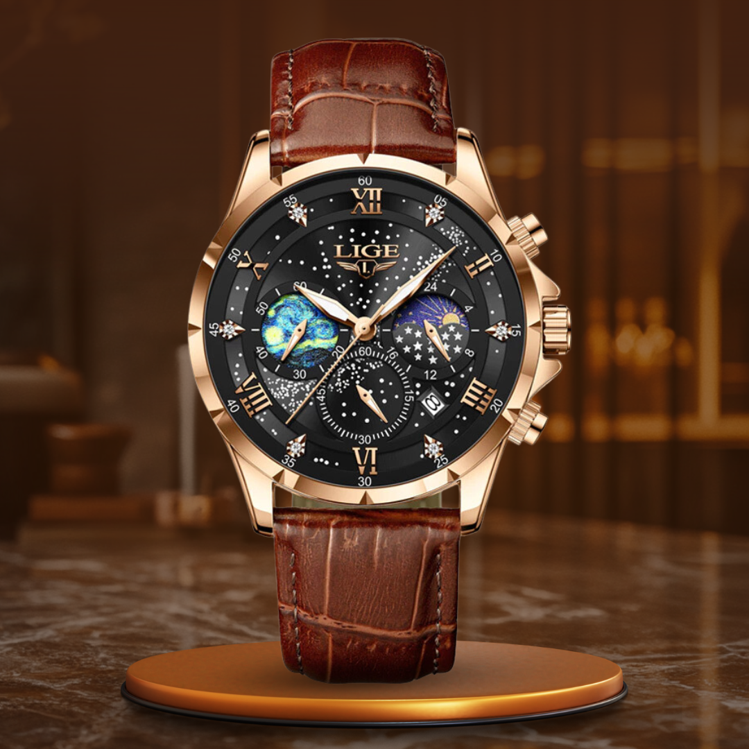 Men’s Moonphase Chronograph Watch | 42 mm Quartz | Leather Strap | Luminous | 3 ATM Water Resistant