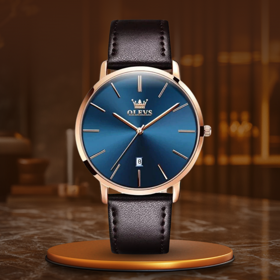 Men’s Mechanical Watch | 40 mm Case | Rose Gold Case / Blue Dial | Leather Strap | 3 ATM Water-Resistant