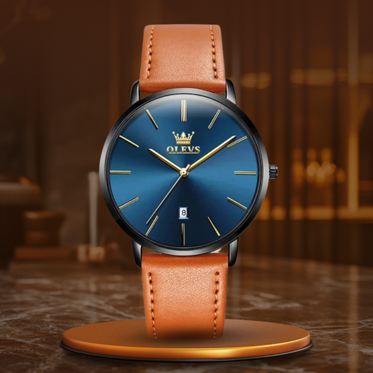 Men’s Mechanical Watch | 40 mm Case | Rose Gold Case / Blue Dial | Leather Strap | 3 ATM Water-Resistant