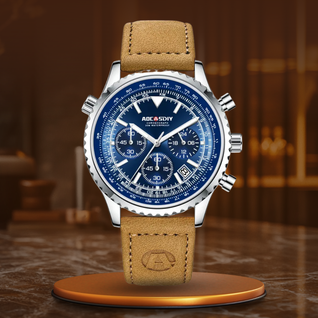 Men’s Pilot-Style Chronograph Quartz Watch | 43 mm Case | Date Display | 30M WR | Leather Strap