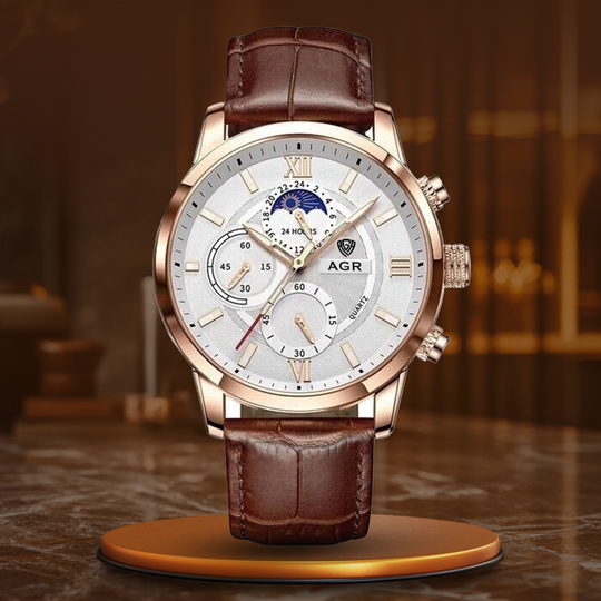 Men’s Business Moonphase Quartz Watch | 43 mm Case | Chronograph-Style Subdials & Date | 3 ATM WR | Leather Strap