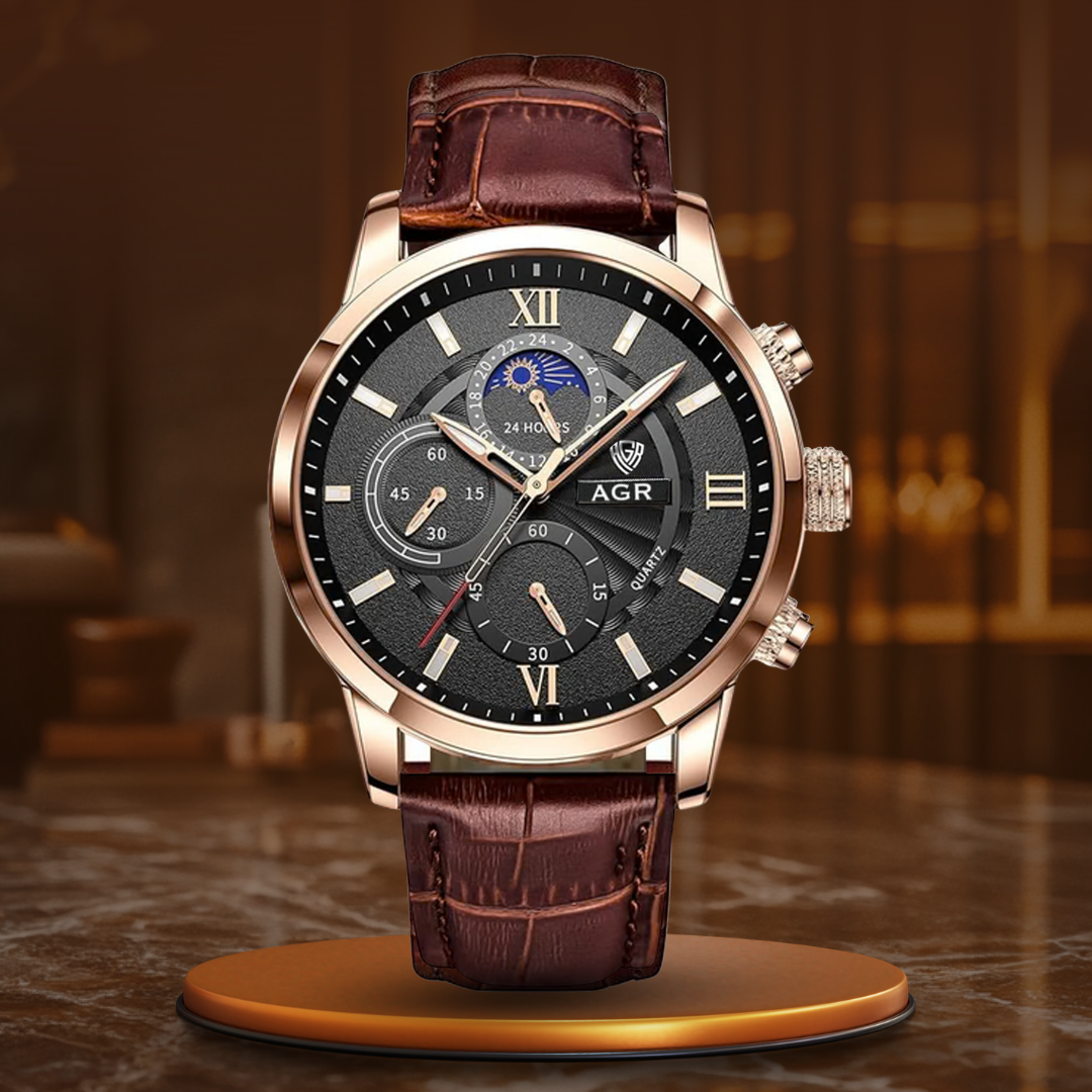 Men’s Business Moonphase Quartz Watch | 43 mm Case | Chronograph-Style Subdials & Date | 3 ATM WR | Leather Strap