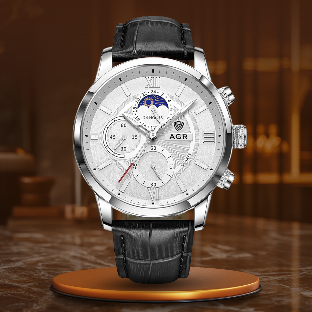Men’s Business Moonphase Quartz Watch | 43 mm Case | Chronograph-Style Subdials & Date | 3 ATM WR | Leather Strap