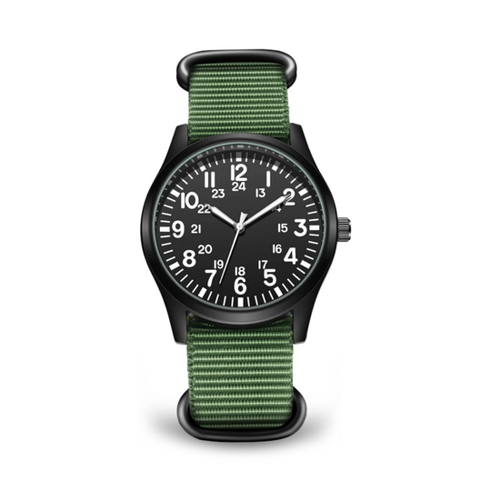 Men’s Military Field Quartz Watch | 42 mm | Black Dial | Green Nylon Strap | 24h Display