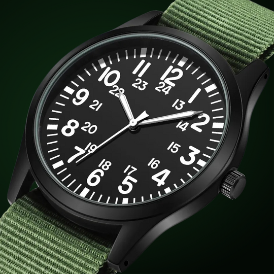 Men’s Military Field Quartz Watch | 42 mm | Black Dial | Green Nylon Strap | 24h Display
