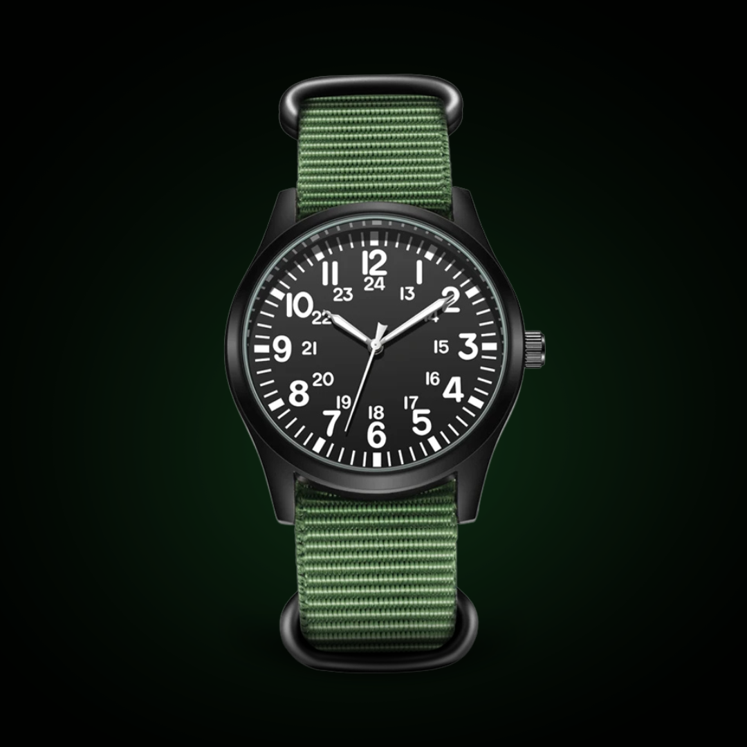 Men’s Military Field Quartz Watch | 42 mm | Black Dial | Green Nylon Strap | 24h Display