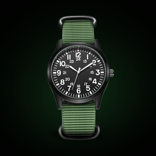 Men’s Military Field Quartz Watch | 42 mm | Black Dial | Green Nylon Strap | 24h Display