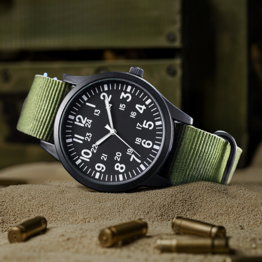 Men’s Military Field Quartz Watch | 42 mm | Black Dial | Green Nylon Strap | 24h Display