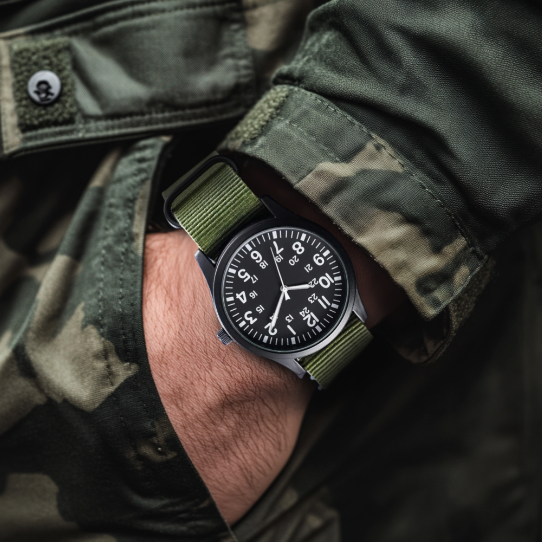 Men’s Military Field Quartz Watch | 42 mm | Black Dial | Green Nylon Strap | 24h Display