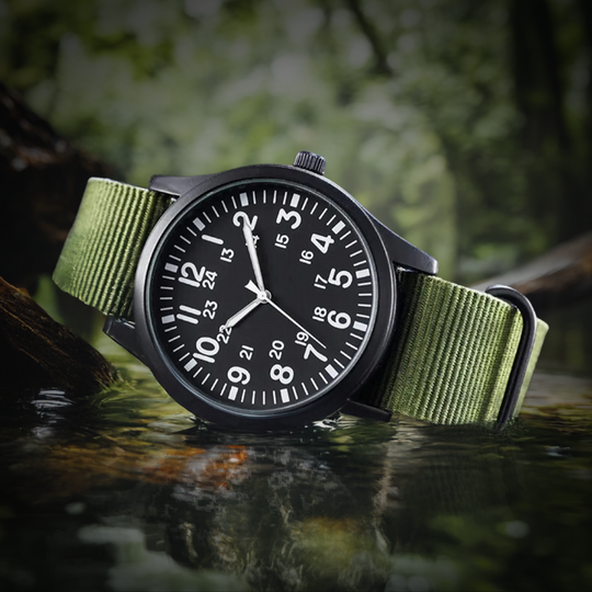 Men’s Military Field Quartz Watch | 42 mm | Black Dial | Green Nylon Strap | 24h Display