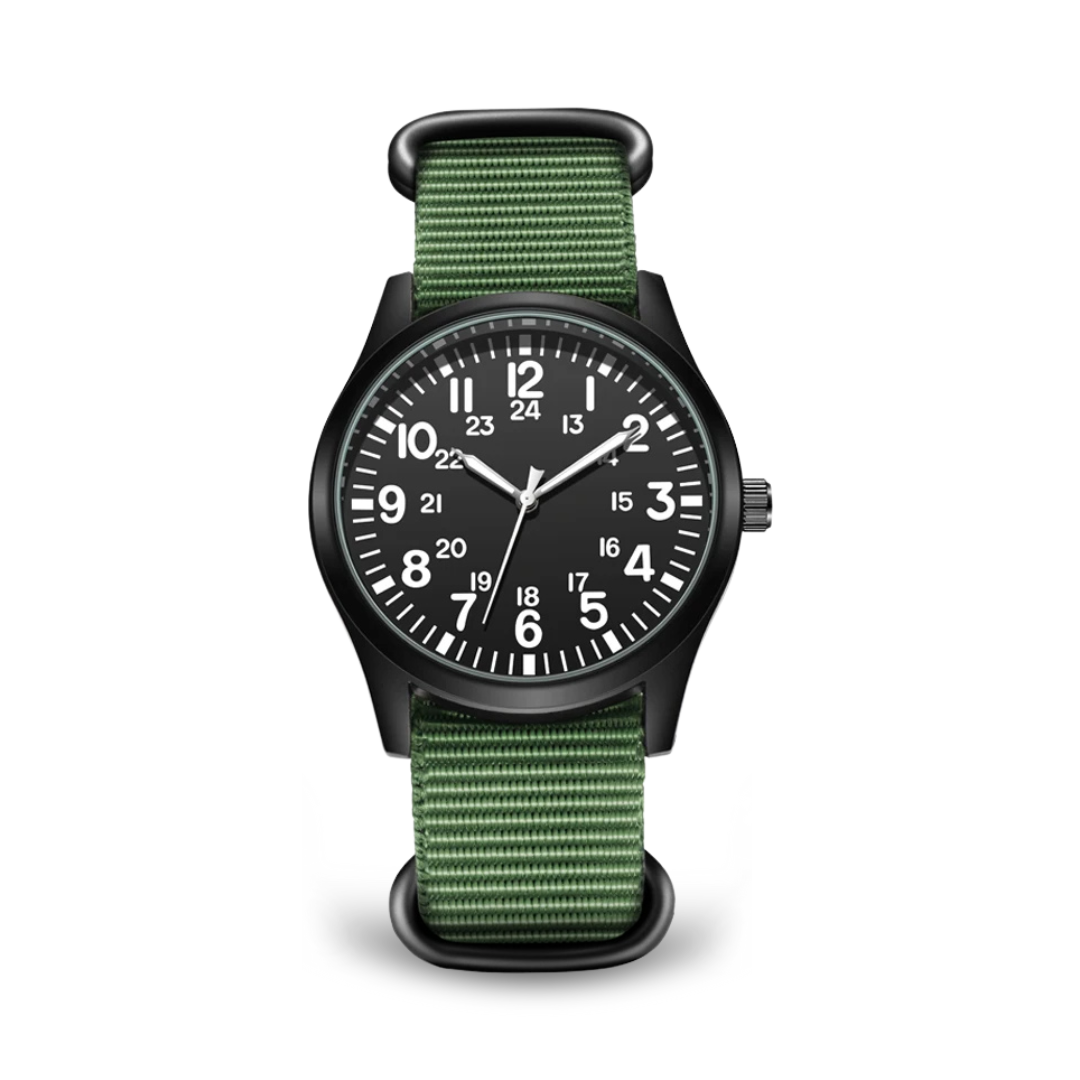 Men’s Military Field Quartz Watch | 42 mm | Black Dial | Green Nylon Strap | 24h Display