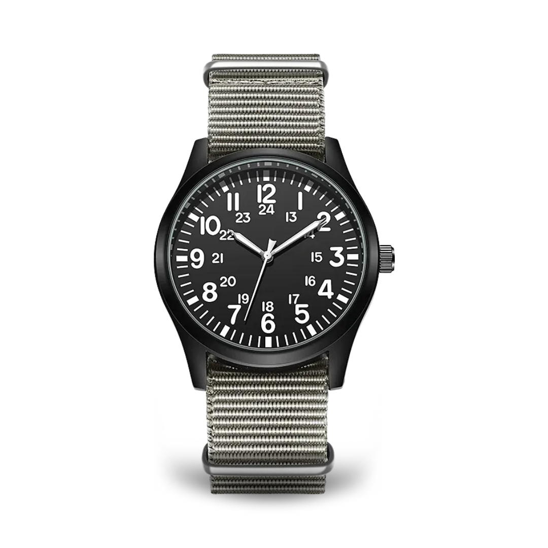 Men’s Military Field Quartz Watch | 42 mm | Black Dial | Green Nylon Strap | 24h Display