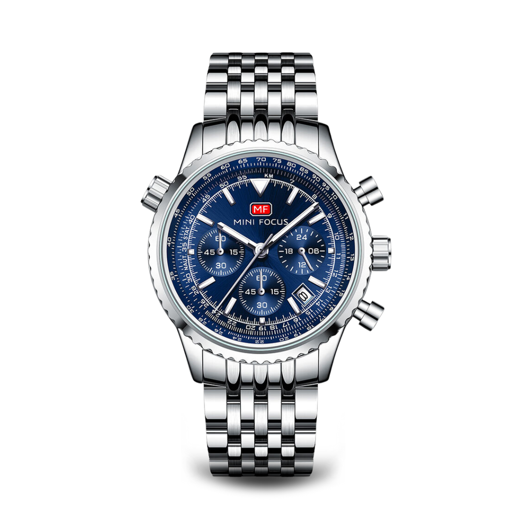 Men’s Stainless Steel Pilot Chronograph Watch | 44 mm Case | MINI FOCUS | 3 ATM Water Resistant