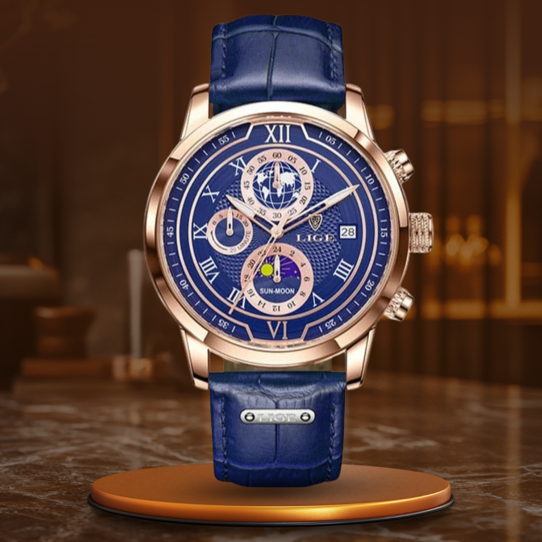 Men’s Quartz Watch | 43 mm | Moonphase & Chronograph-Style Subdials | Date | 30 m Water Resistant | Leather Strap