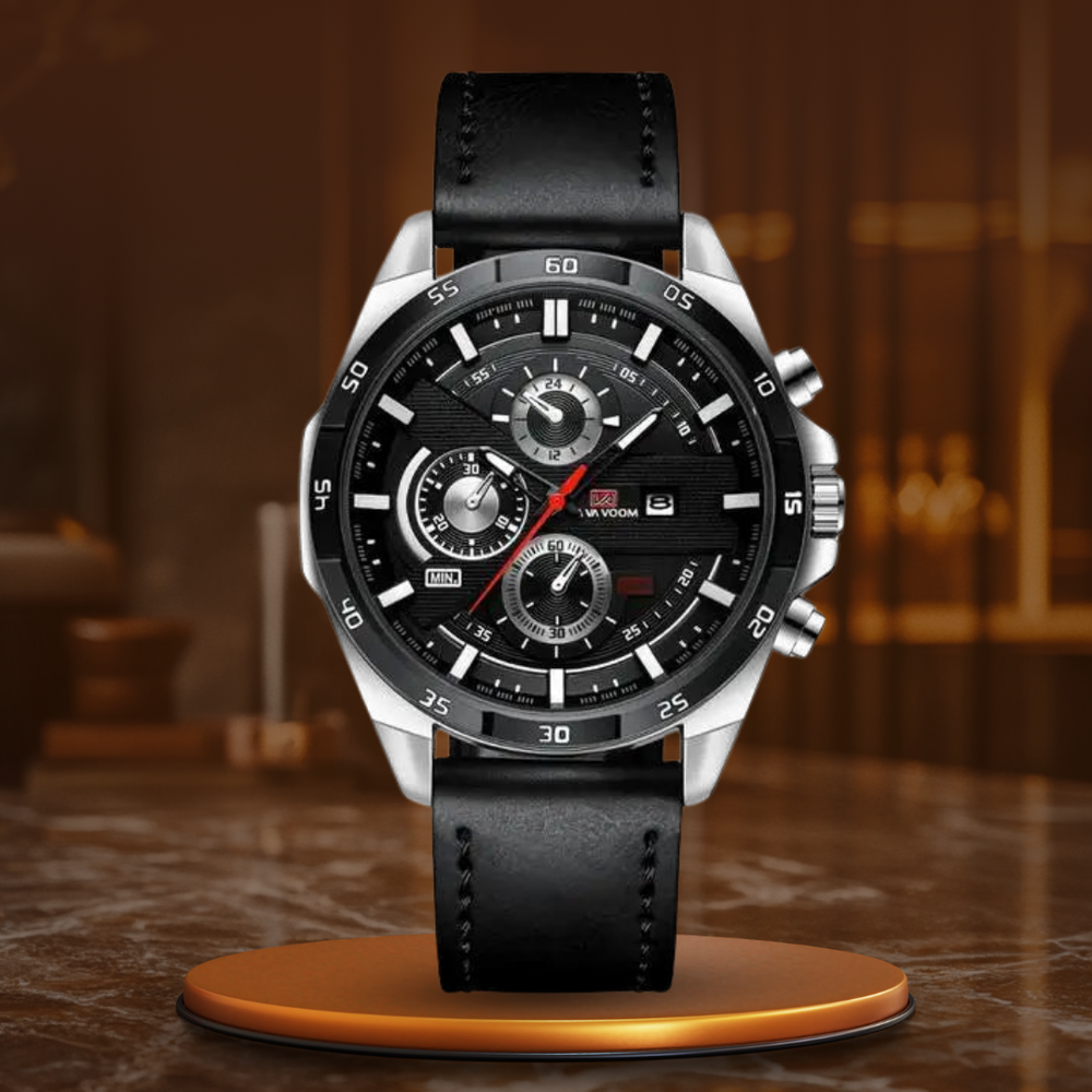 Men’s Premium Watch | 46 mm Case | Chronograph Look | Leather Strap
