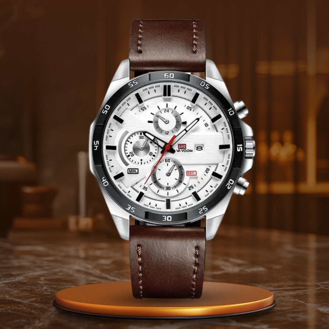 Men’s Premium Watch | 46 mm Case | Chronograph Look | Leather Strap