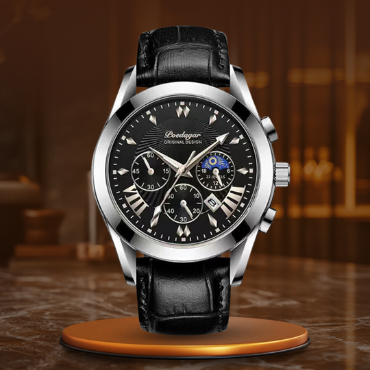 Men’s Business Moonphase Quartz Watch | 42 mm | Chronograph-Style Dial | 30M WR | Leather Strap