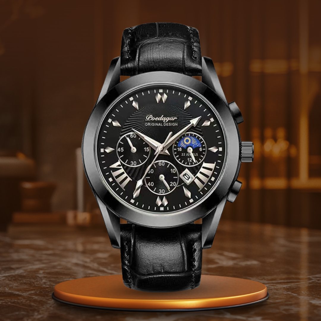 Men’s Business Moonphase Quartz Watch | 42 mm | Chronograph-Style Dial | 30M WR | Leather Strap