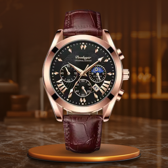 Men’s Business Moonphase Quartz Watch | 42 mm | Chronograph-Style Dial | 30M WR | Leather Strap
