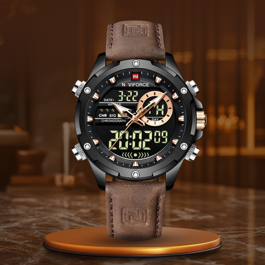 Men’s Digital Military-Style Watch | 45 mm Case | 3 ATM Water Resistant | Leather Strap