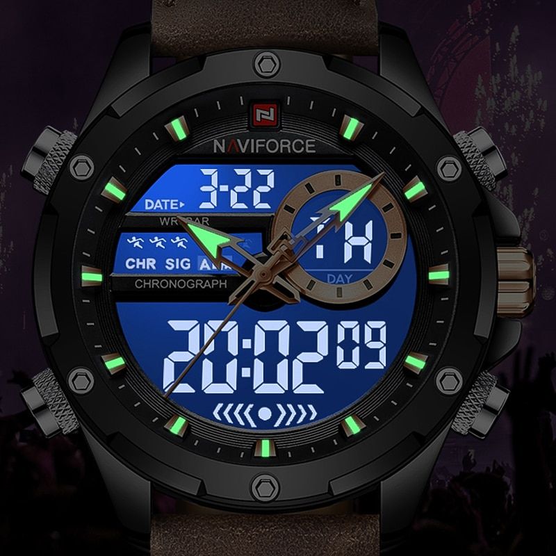 Men’s Digital Military-Style Watch | 45 mm Case | 3 ATM Water Resistant | Leather Strap