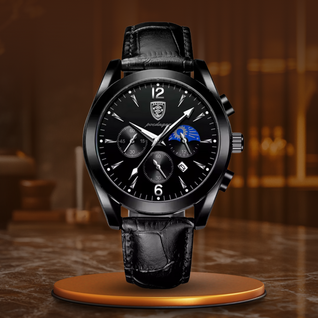 Men’s Business Moonphase Quartz Watch | 42 mm | Chronograph-Style Dial | 30M WR | Leather Strap