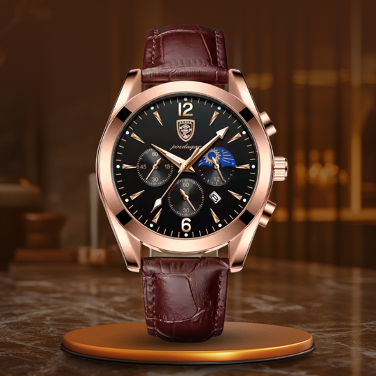 Men’s Business Moonphase Quartz Watch | 42 mm | Chronograph-Style Dial | 30M WR | Leather Strap