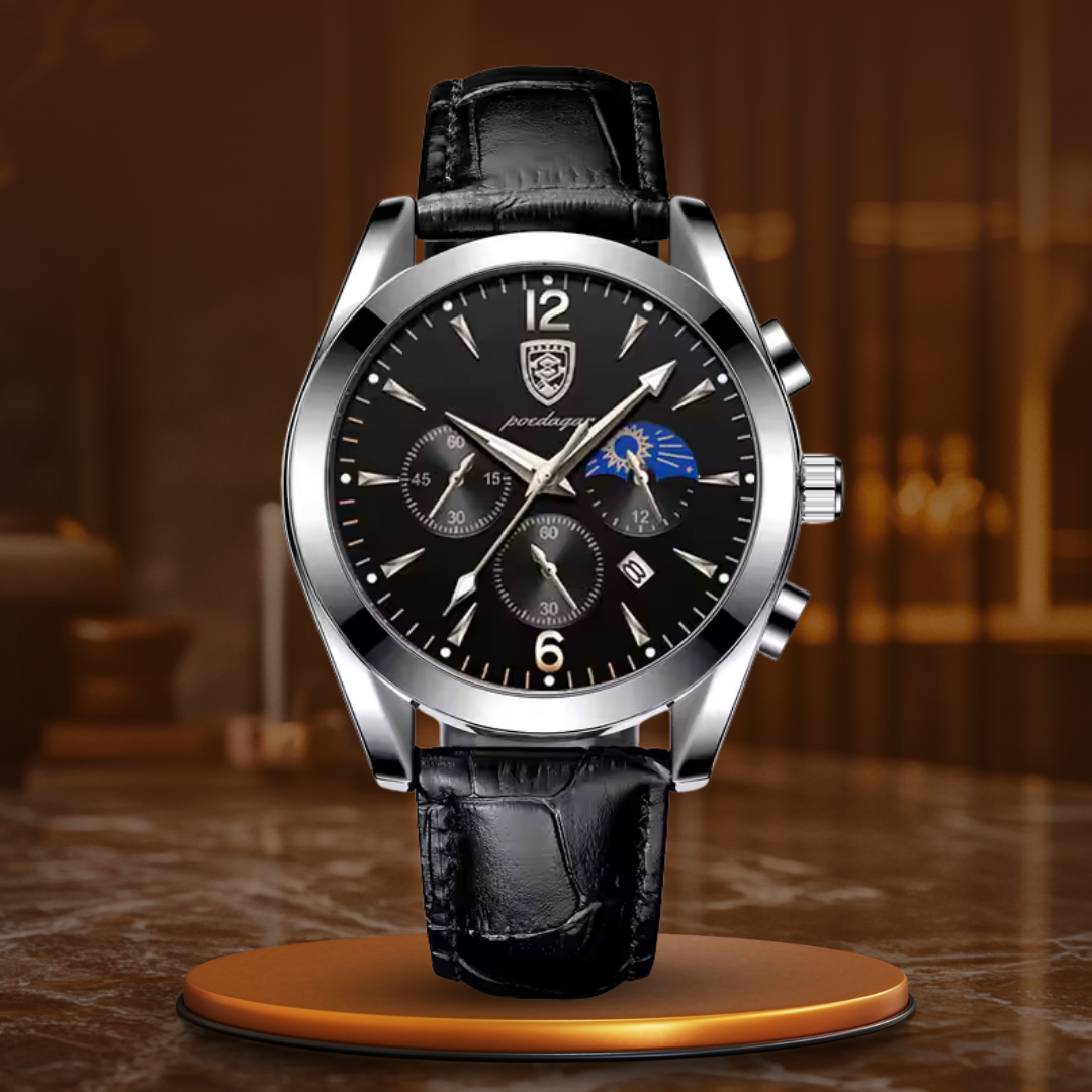 Men’s Business Moonphase Quartz Watch | 42 mm | Chronograph-Style Dial | 30M WR | Leather Strap