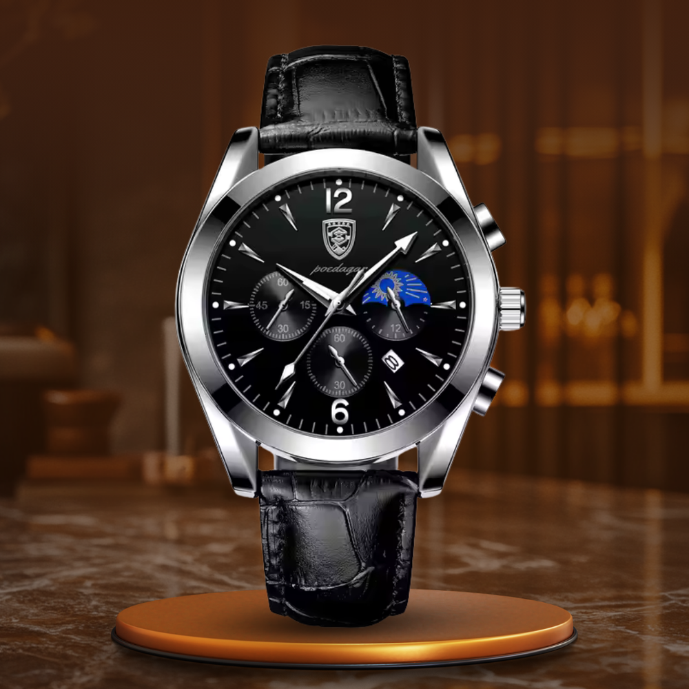 Men’s Business Moonphase Quartz Watch | 42 mm | Chronograph-Style Dial | 30M WR | Leather Strap
