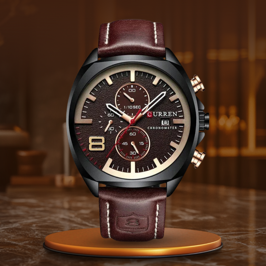 Men’s Sport Chronograph Quartz Watch | 47 mm Oversize Case | Date Display | 3 ATM Water Resistant | Leather Strap