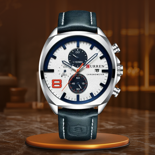 Men’s Sport Chronograph Quartz Watch | 47 mm Oversize Case | Date Display | 3 ATM Water Resistant | Leather Strap