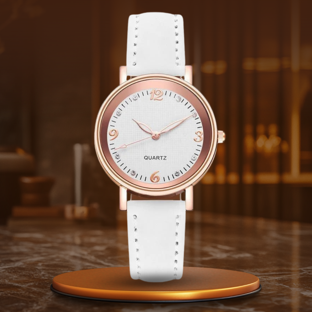 Women’s Elegant Quartz Watch | Slim Case | Crystal Hour Markers | Leather Strap