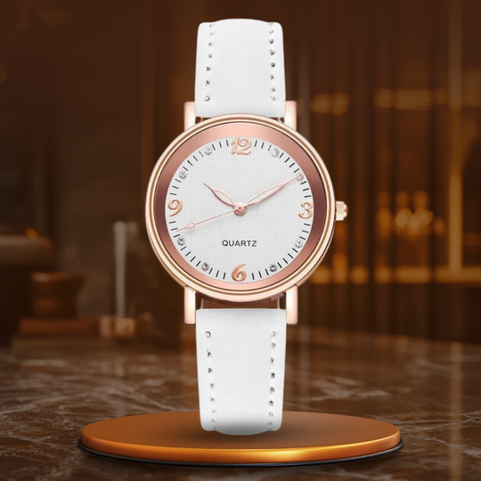 Women’s Elegant Quartz Watch | Slim Case | Crystal Hour Markers | Leather Strap