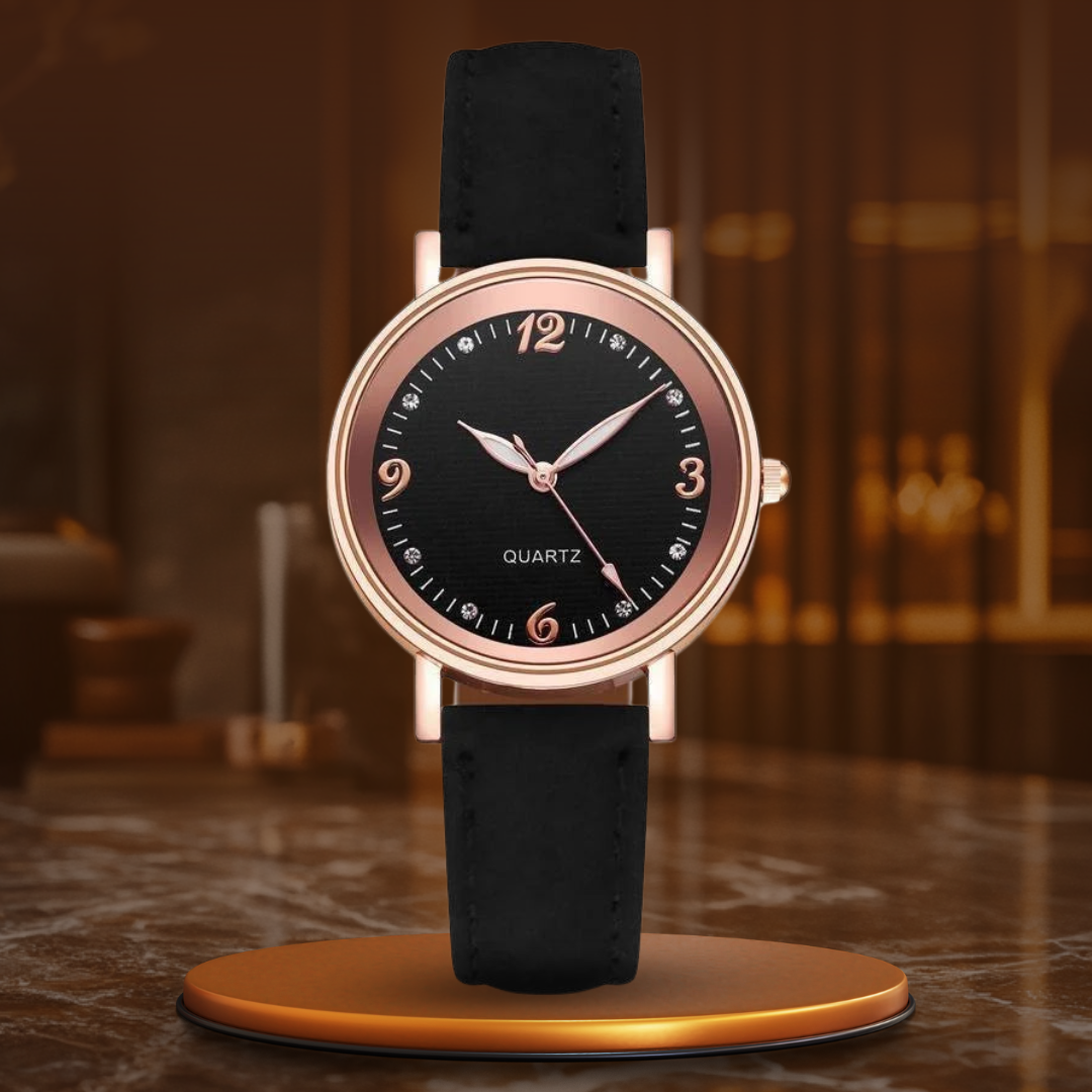 Women’s Elegant Quartz Watch | Slim Case | Crystal Hour Markers | Leather Strap