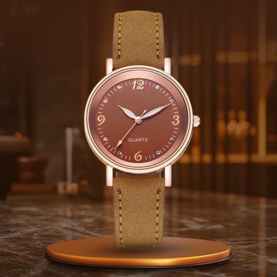 Women’s Elegant Quartz Watch | Slim Case | Crystal Hour Markers | Leather Strap