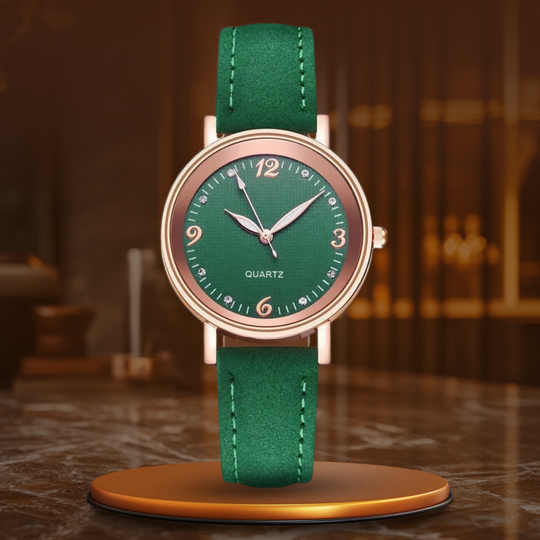 Women’s Elegant Quartz Watch | Slim Case | Crystal Hour Markers | Leather Strap