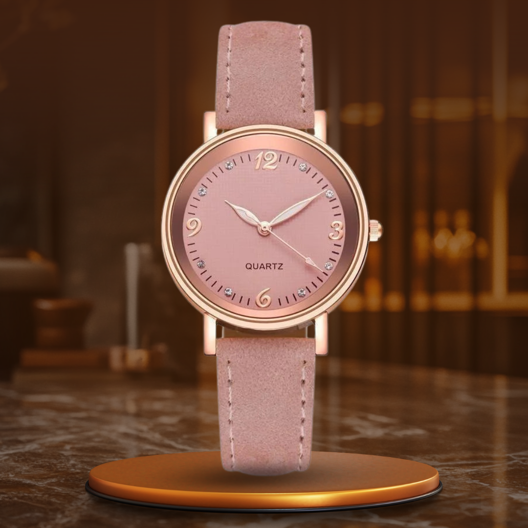 Women’s Elegant Quartz Watch | Slim Case | Crystal Hour Markers | Leather Strap