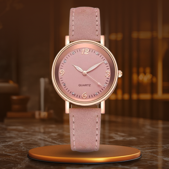 Women’s Elegant Quartz Watch | Slim Case | Crystal Hour Markers | Leather Strap